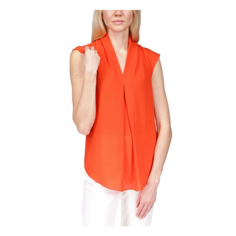 MICHAEL MICHAEL KORS Womens Orange Textured Curved Hem Cap Sleeve V Neck Top S